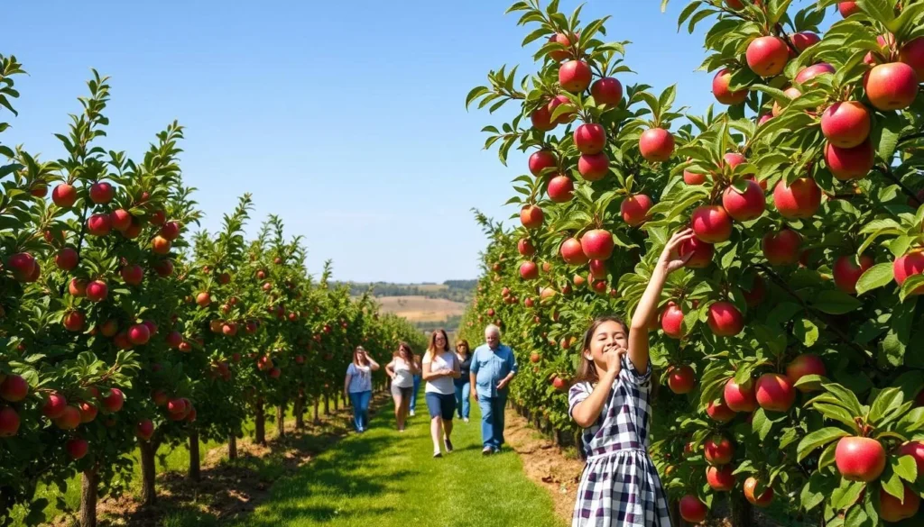 Generate an image of an apple orchard with ripe apples and visitors picking apples.