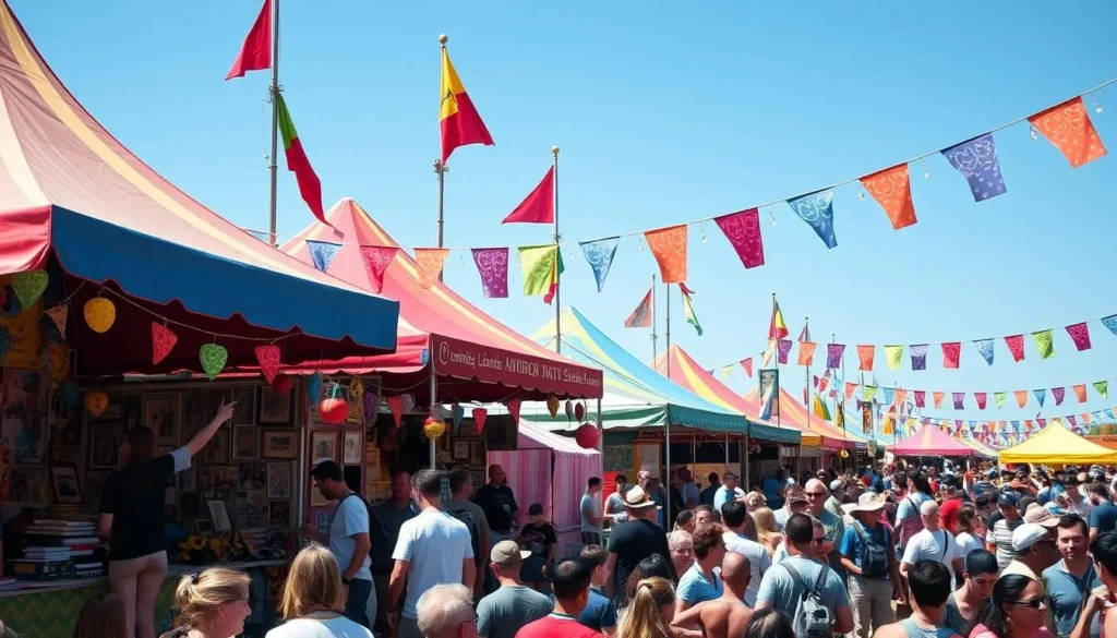 Generate an image of an arts festival with stalls and performers.
