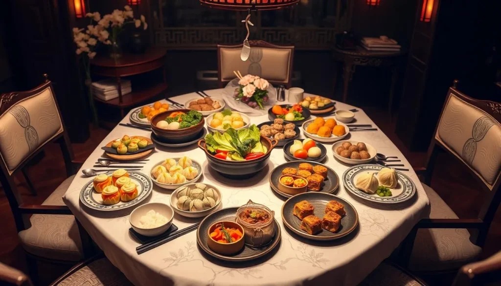 Generate an image of an elegant Chinese dining setting with a variety of vegetarian dim sum.