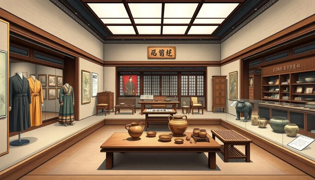 Generate an image of an exhibit at the Bucheon Bokcheon Museum, featuring artifacts from the Joseon Dynasty.