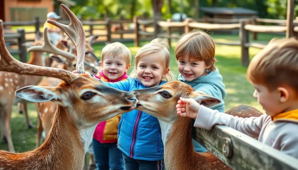 Generate an image of children feeding deer at the petting zoo.