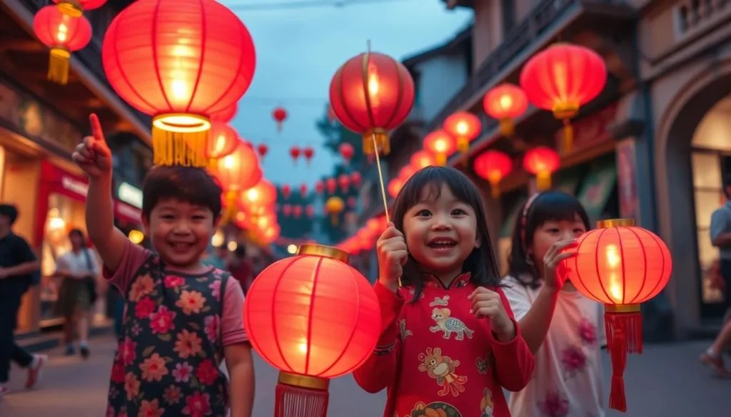 Generate an image of children holding colorful lanterns in Hanoi's Old Quarter during the Mid-Autumn Festival.
