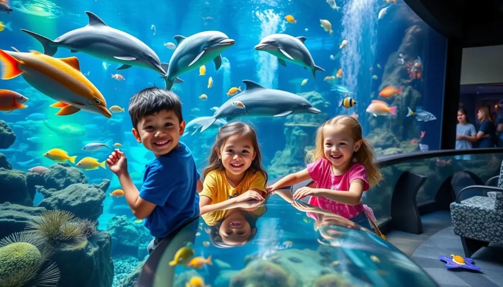 Generate an image of children interacting with marine life at an aquarium.