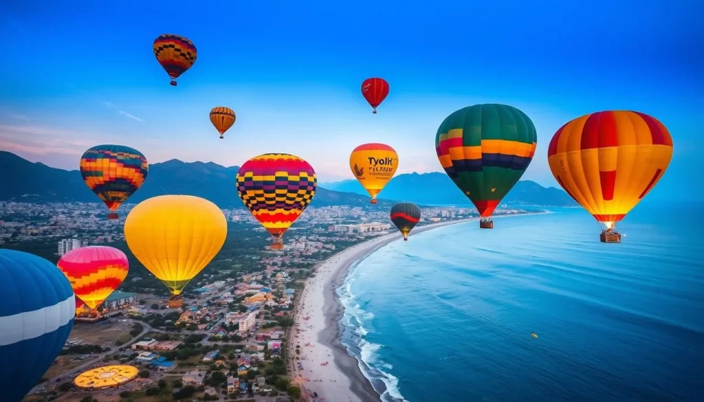 Generate an image of colorful hot air balloons floating above My Khe Beach, with the city's coastline and mountains in the background.