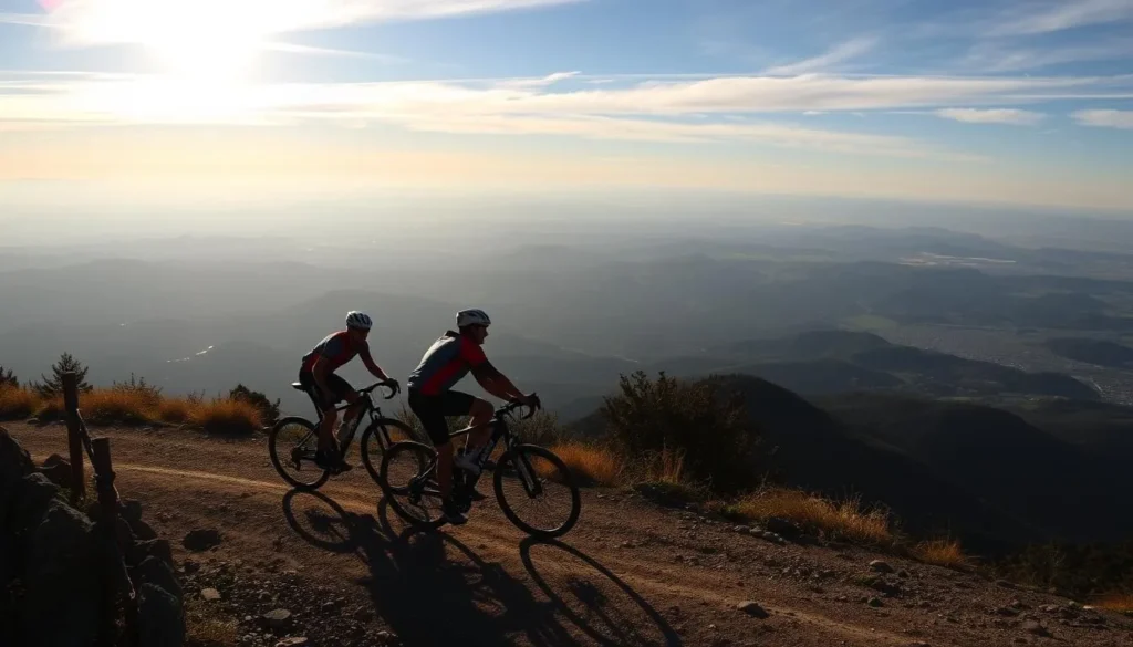 Generate an image of cyclists riding up Mount Diablo with a stunning backdrop of the California landscape.