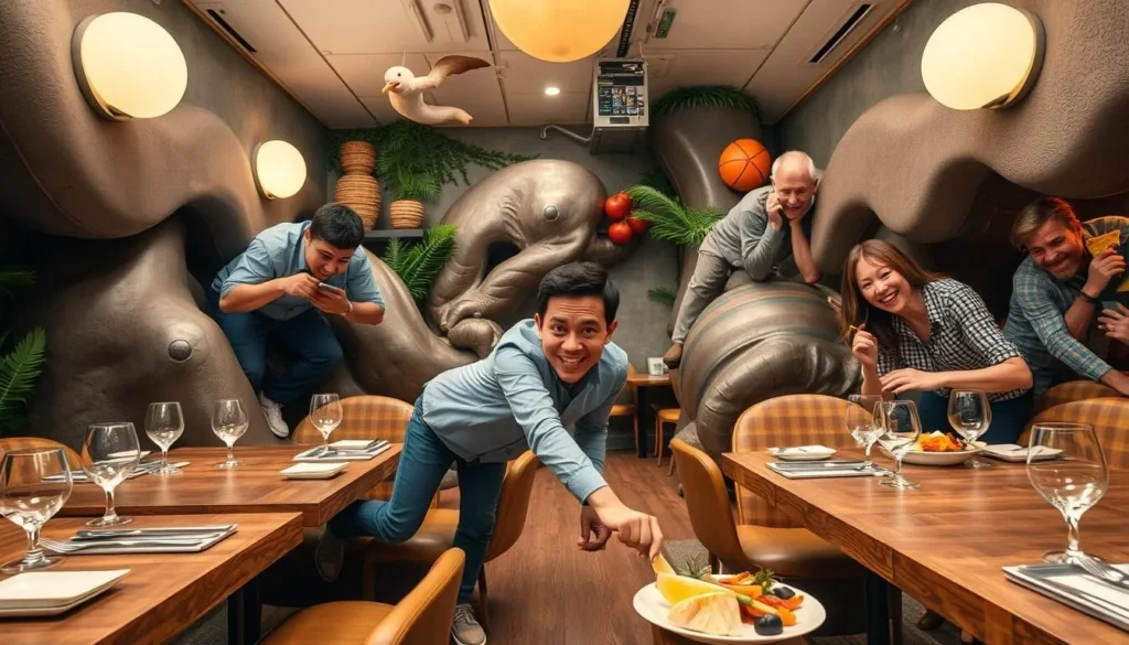 Generate an image of diners navigating through a themed room, climbing and crawling, while enjoying their meal.