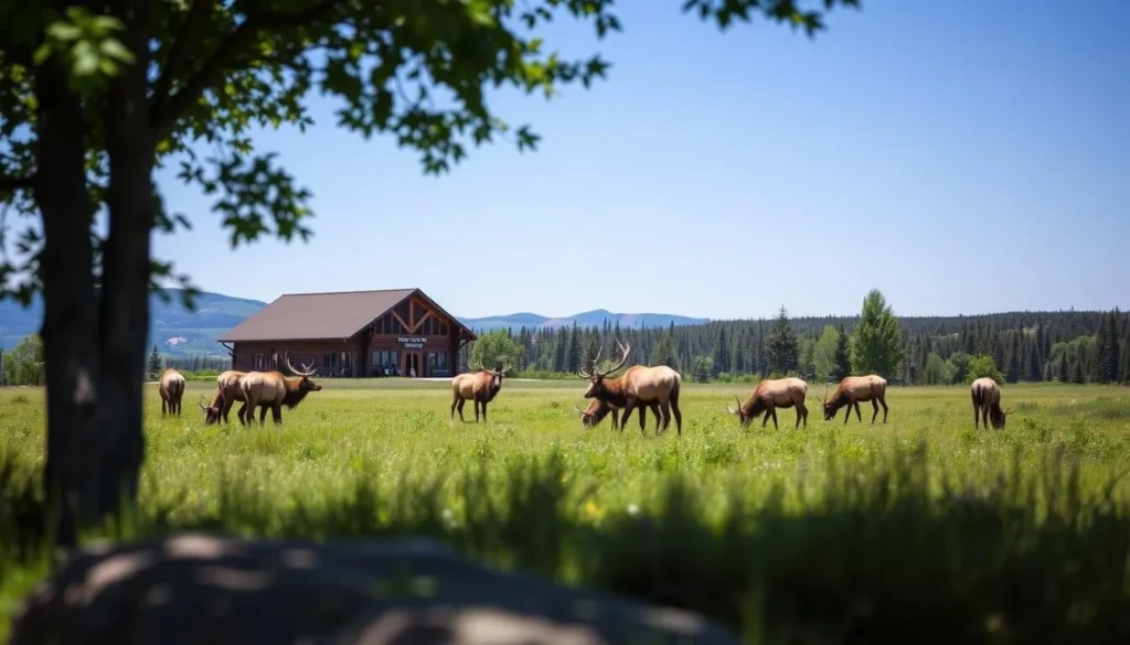 Generate an image of elk grazing in their natural habitat near the Elk Country Visitor Center.