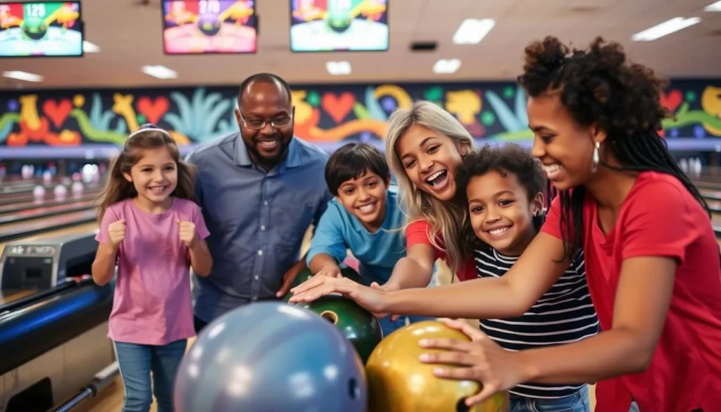 Generate an image of families bowling at Mt. Hood Lanes.