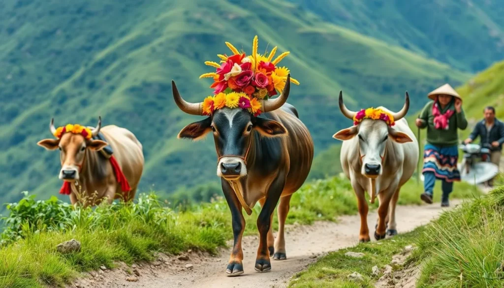 Generate an image of farmers in traditional costumes leading their cows adorned with elaborate floral headdresses down the mountain trails.