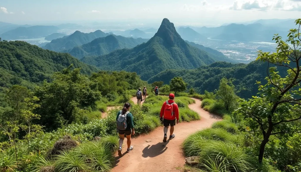 Generate an image of hikers on Chua Chan Mountain trail