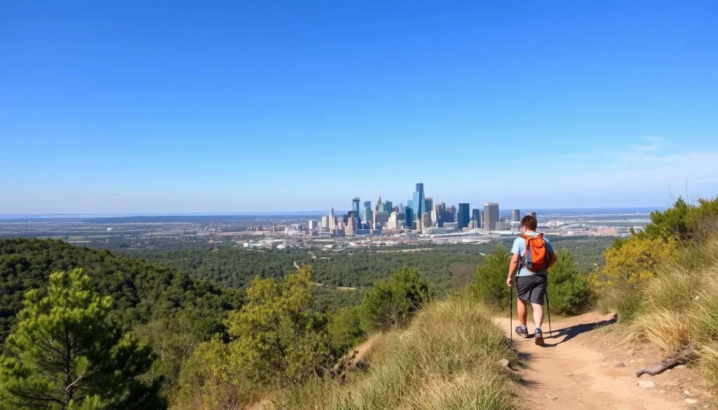 Generate an image of hikers on a trail in Turkey Mountain Urban Wilderness Area with the Tulsa skyline in the background.