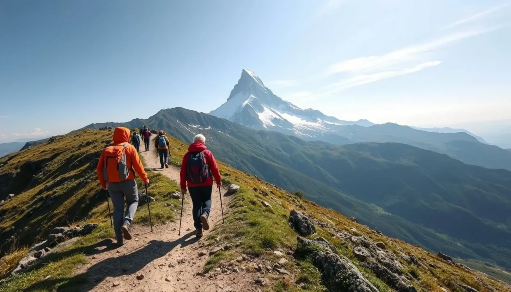 Generate an image of hikers on the Faulhornweg trail with Finsteraarhorn in the background.