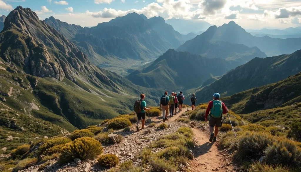 Generate an image of hikers on the GR20 trail in Corsica, with dramatic mountain scenery in the background.