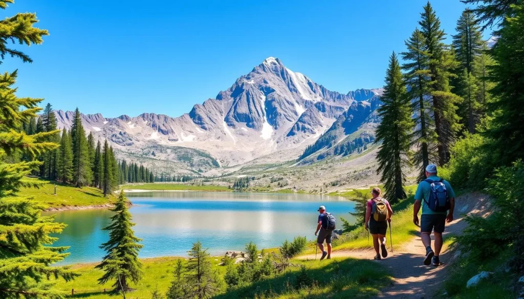 Generate an image of hikers on the John Muir Trail near a serene lake with the Sierra Nevada mountains in the background.