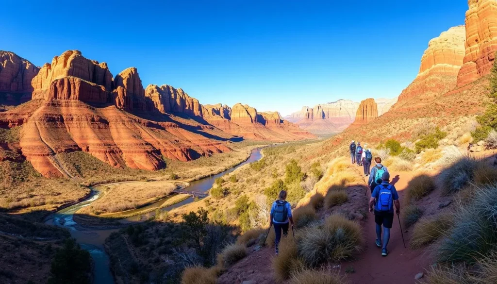 Generate an image of hikers on the Misery Ridge Trail at Smith Rock State Park, Oregon, with the Crooked River in the background.