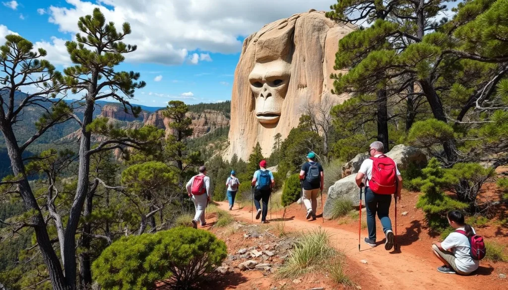 Generate an image of hikers on the Misery Ridge Trail with the Monkey Face rock formation in the background.