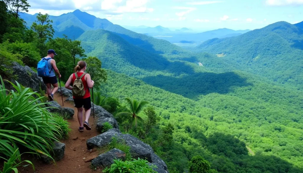 Generate an image of hikers on the Mount Sorrow Ridge Trail with the Daintree Rainforest below.