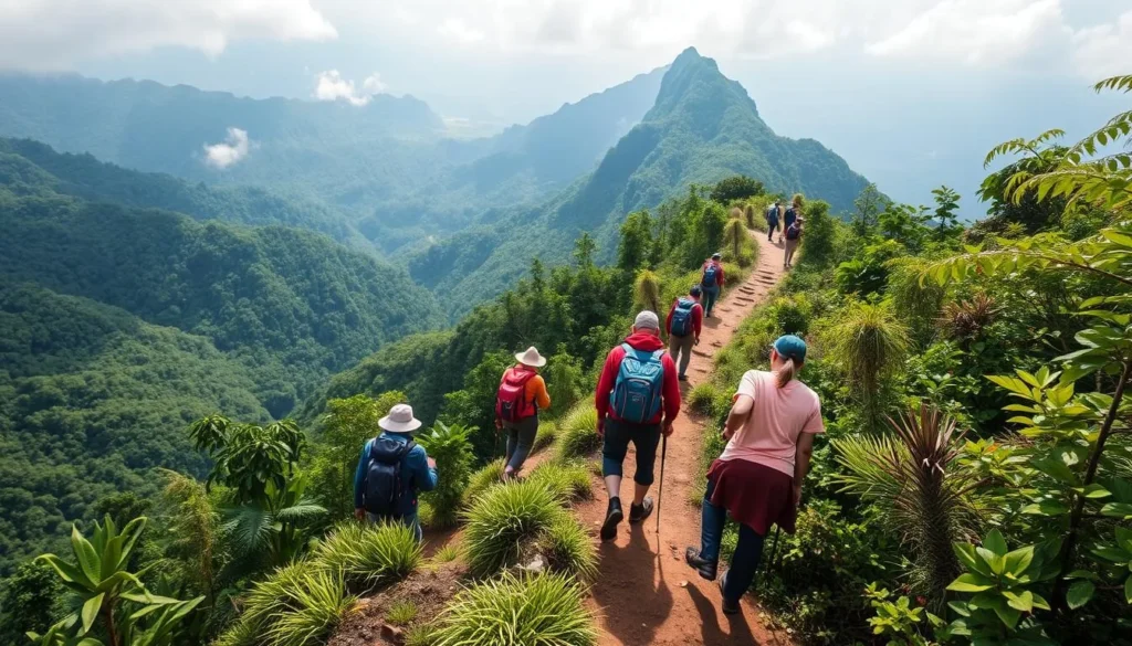 Generate an image of hikers trekking through the lush forests towards Fansipan Peak