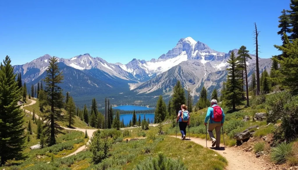 Generate an image of hikers walking along the Convict Lake Loop Trail with the Sierra Nevada mountains in the background.