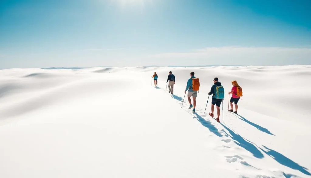Generate an image of hikers walking through the white gypsum dunes of White Sands National Park.