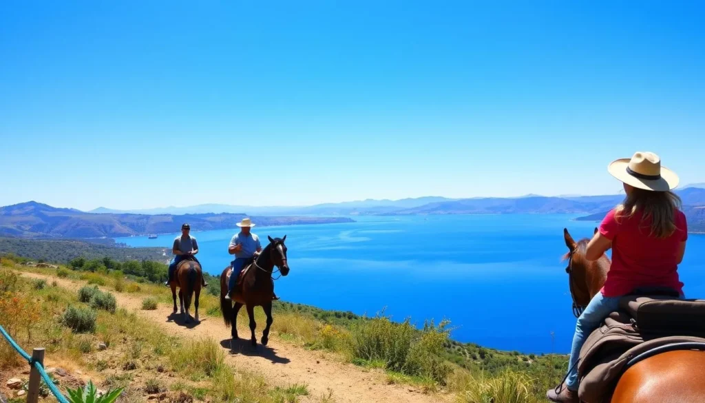 Generate an image of horseback riders on a trail ride near Santa Margarita Lake.