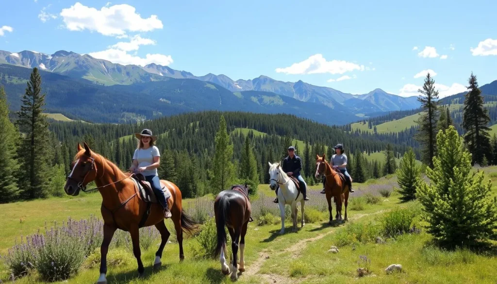 Generate an image of horseback riding at Aspen Meadows with riders enjoying the scenic views.