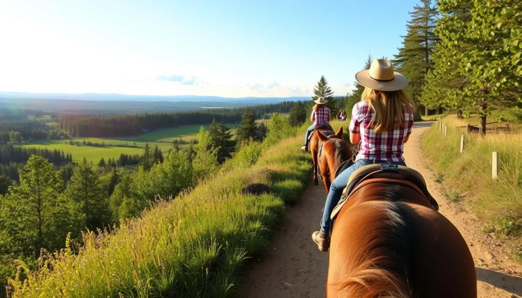 Generate an image of horseback riding through a scenic trail at Eagle Crest Resort.
