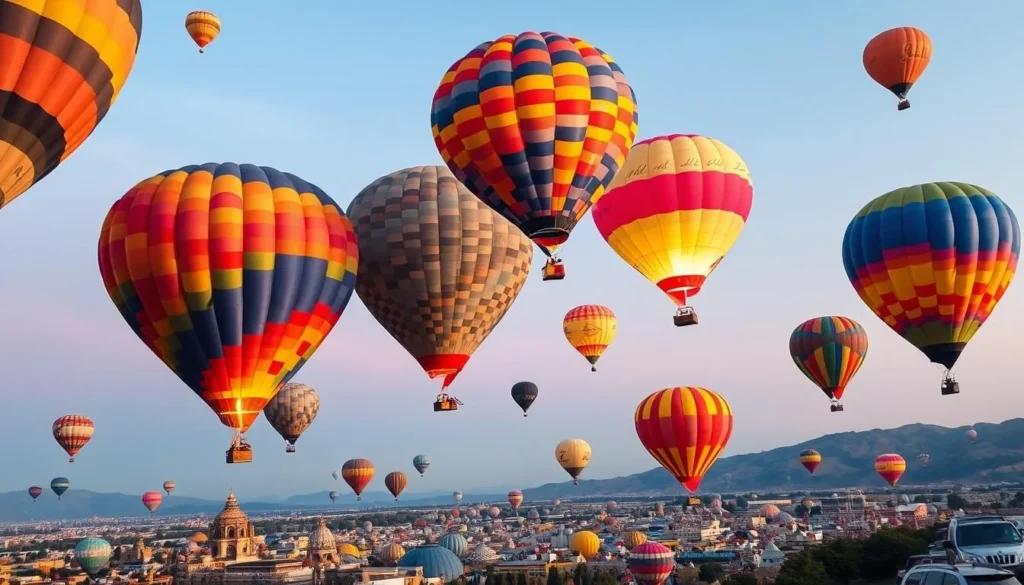 Generate an image of hot air balloons flying over the city of León, Mexico, during the International Balloon Festival.