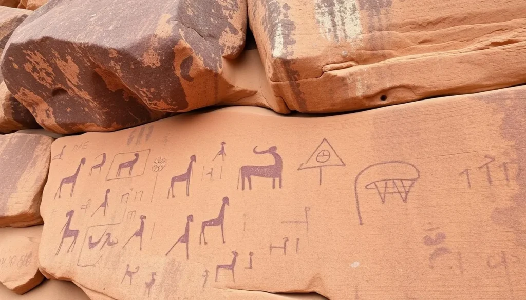 Generate an image of intricate petroglyphs on rock walls at Bandelier National Monument.