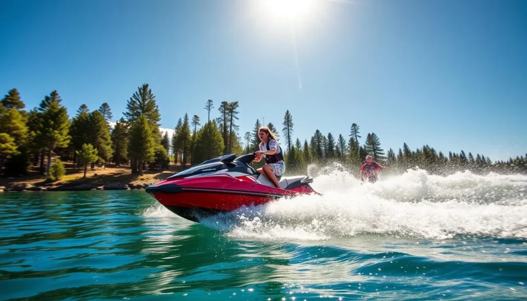 Generate an image of jet skiing or wakeboarding on Big Bear Lake