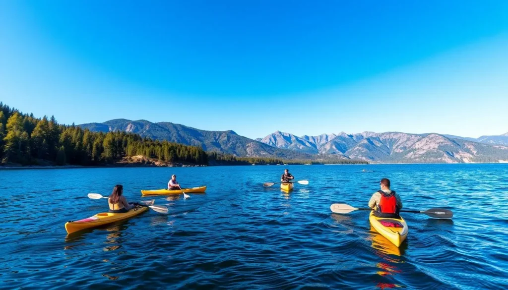 Generate an image of kayaking or paddleboarding on Big Bear Lake