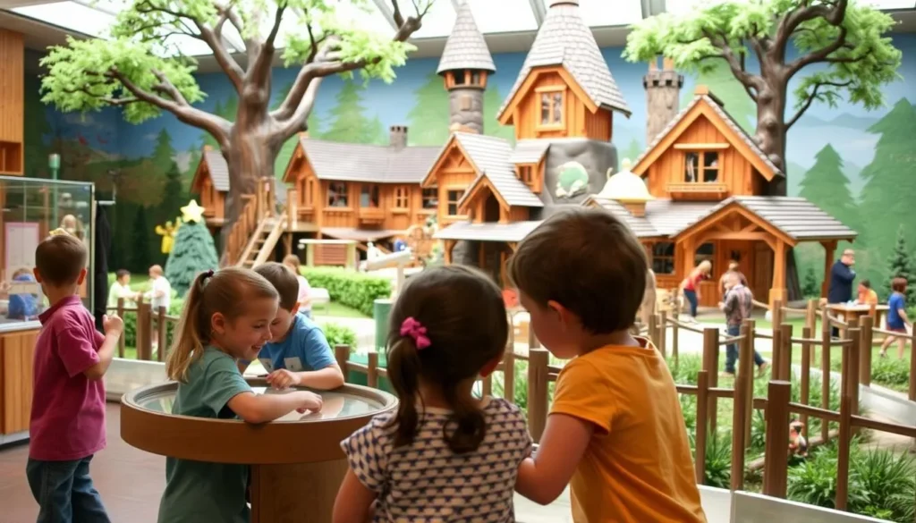Generate an image of kids engaging with the interactive exhibits at the Lynn Meadows Discovery Center, with a treehouse village in the background.
