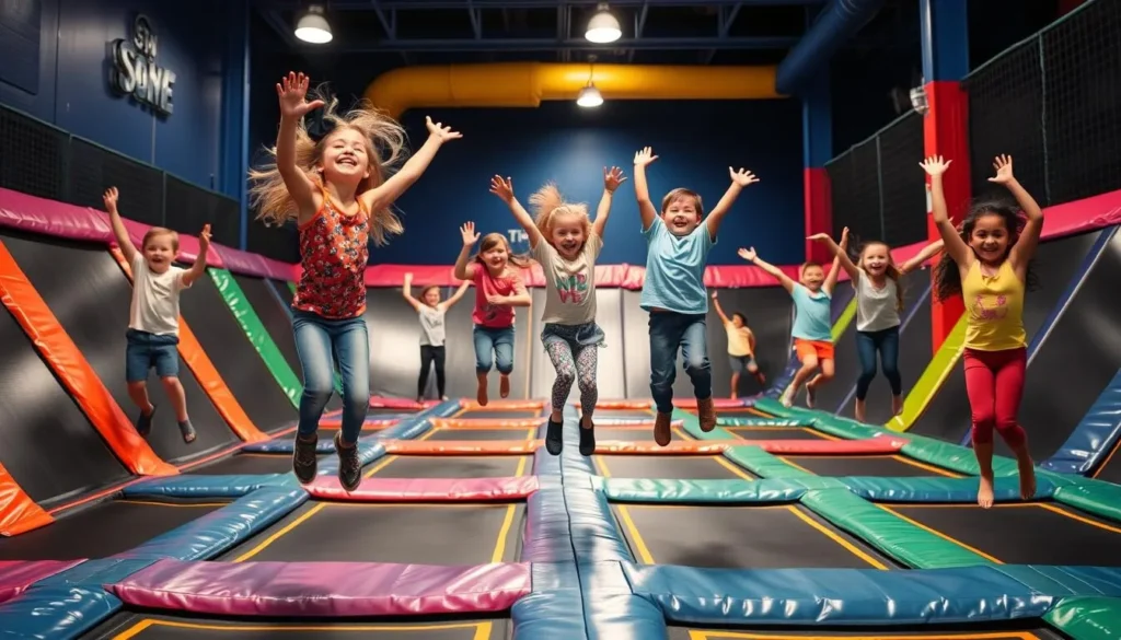 Generate an image of kids jumping on trampolines at Sky Zone Trampoline Park.