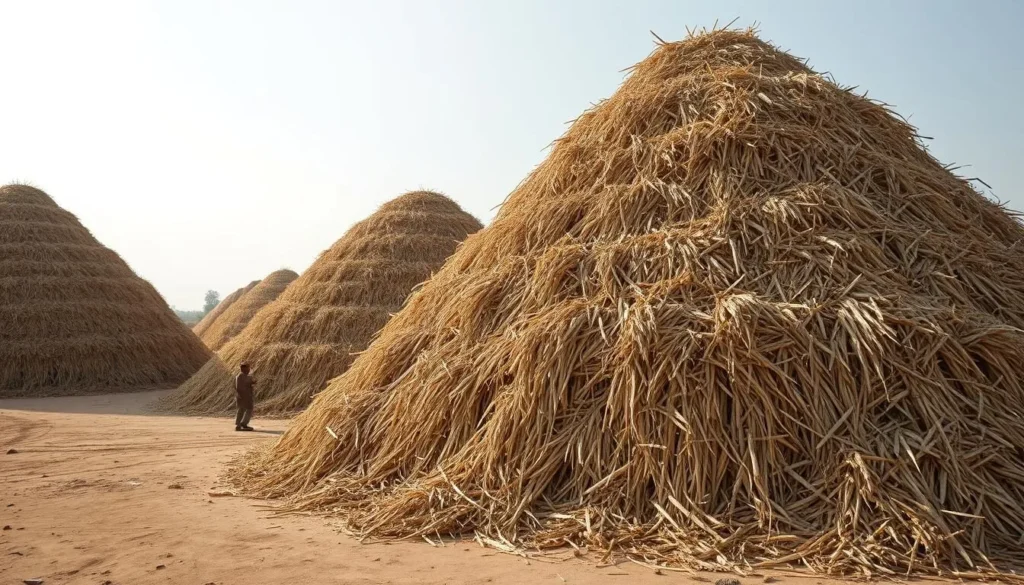 Generate an image of massive piles of rice husks resembling sand dunes in the desert at the Abakaliki rice mill industry.