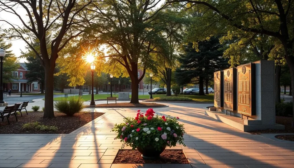 Generate an image of one of the Military Squares in Manchester, NH, showcasing its serene atmosphere and memorial plaques.
