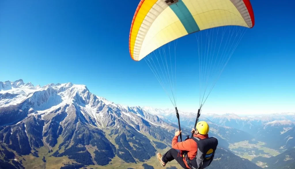 Generate an image of paragliding over the Alpine peaks in Val-d'Isère