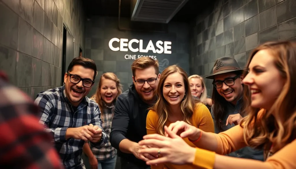 Generate an image of participants inside an escape room scenario at Cine Escapes.