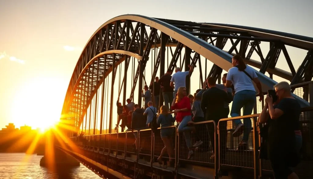 Generate an image of people climbing the Sydney Harbour Bridge at sunrise.