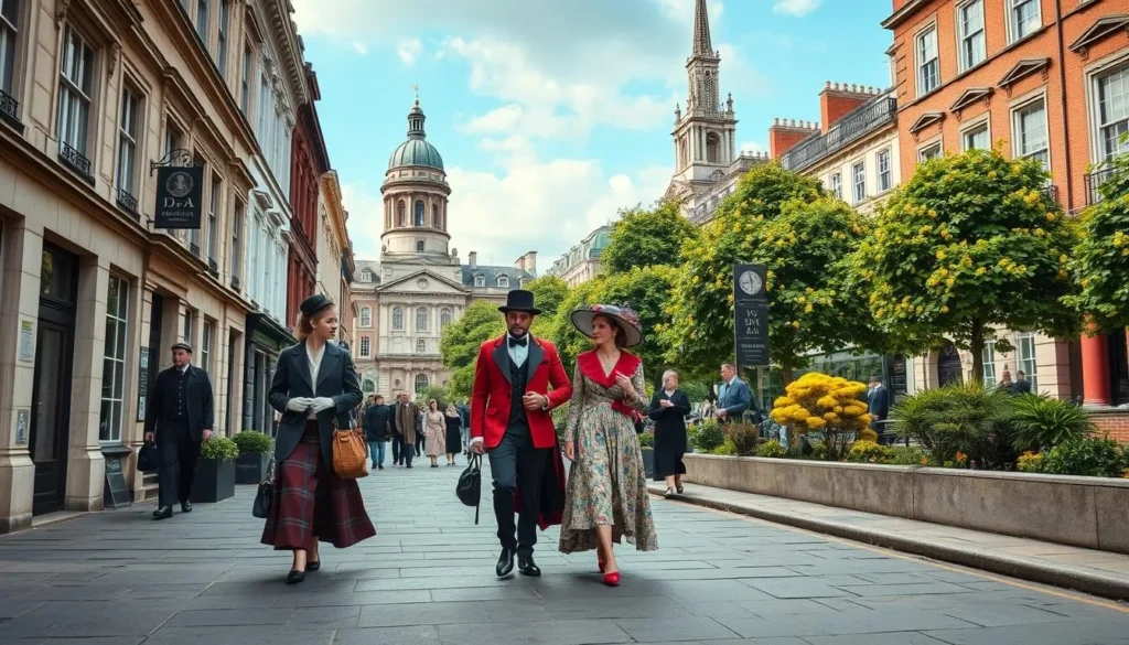 Generate an image of people dressed in Edwardian attire walking through Dublin streets.