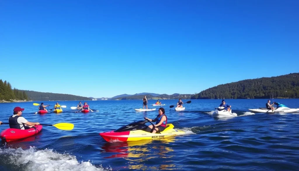 Generate an image of people engaging in water sports on Lake Arrowhead, such as kayaking or paddleboarding.