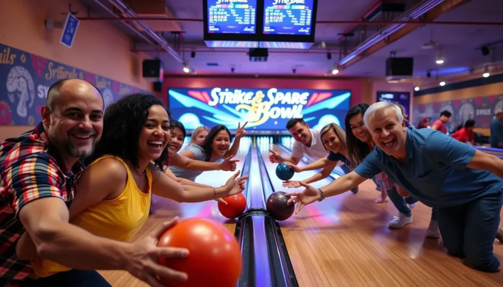 Generate an image of people enjoying a game of bowling at Strike & Spare Bowl.