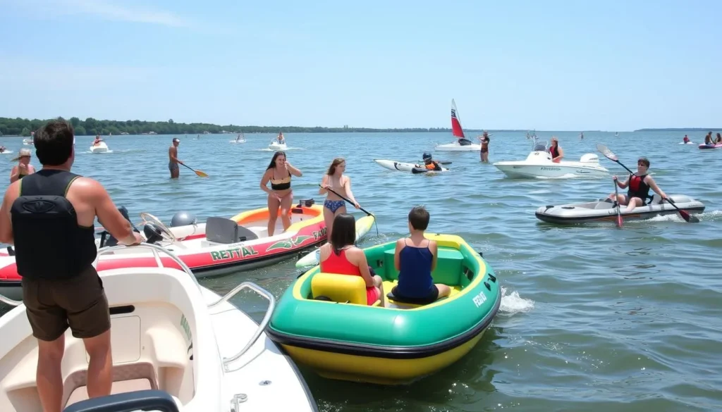 Generate an image of people enjoying water sports on Lake Erie, with rental boats and equipment in the foreground.