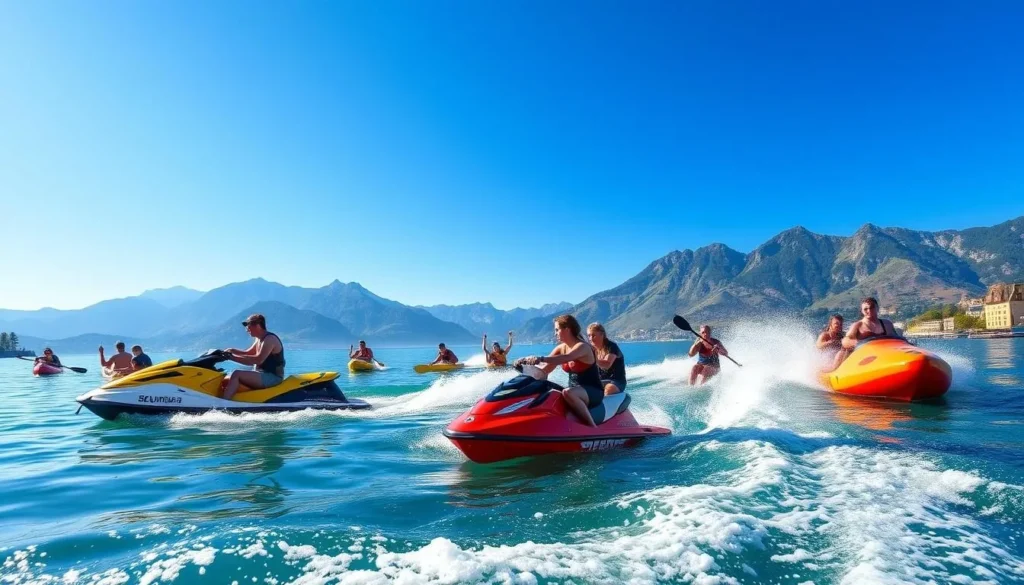 Generate an image of people enjoying water sports on Lake Thun