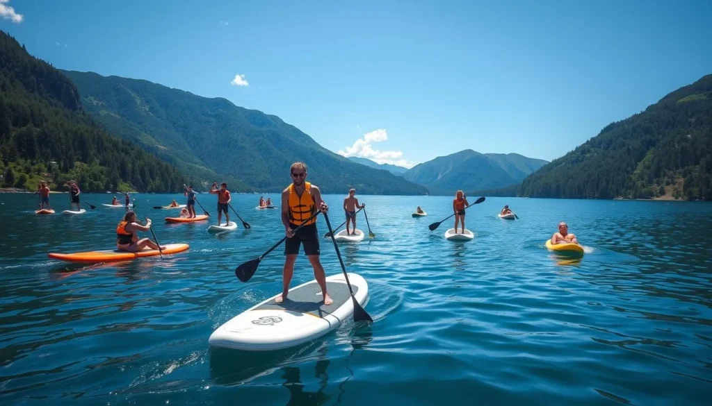 Generate an image of people enjoying water sports on Lake Uri, with a focus on stand-up paddleboarding.