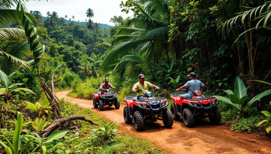 Generate an image of people riding ATVs through a jungle trail.