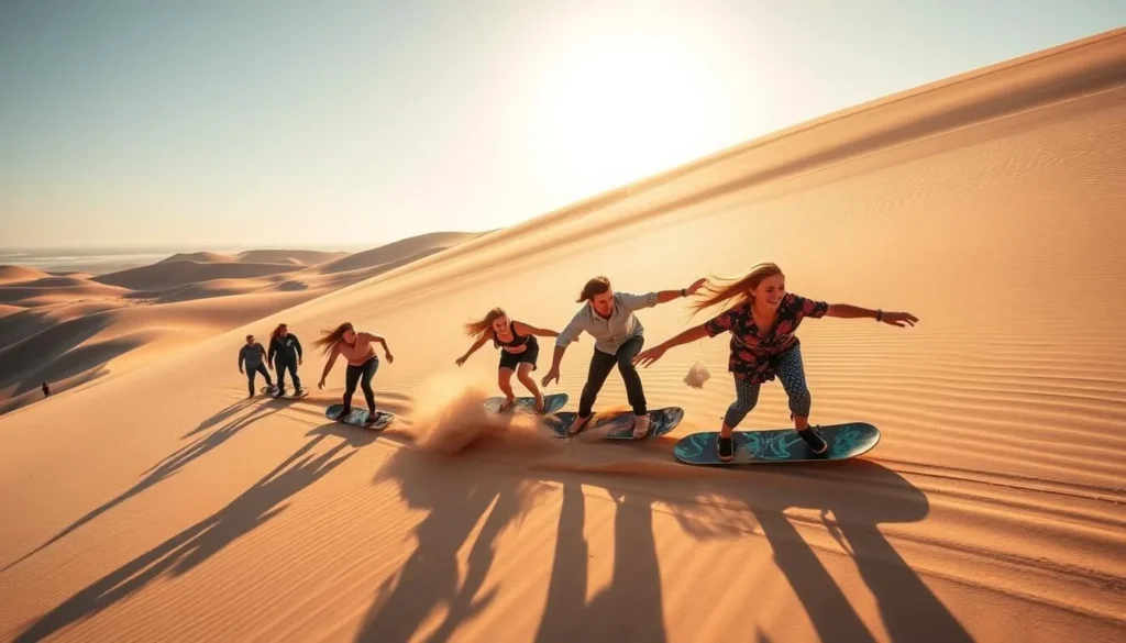 Generate an image of people sandboarding down the Oregon Dunes.
