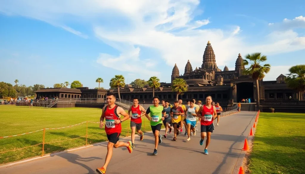 Generate an image of runners participating in the Angkor Wat International Half Marathon, with Angkor Wat temple complex in the background.