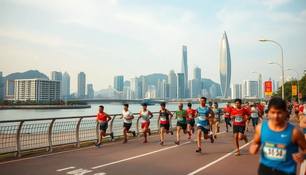 Generate an image of runners participating in the Da Nang International Marathon, with the city's iconic landmarks in the background.