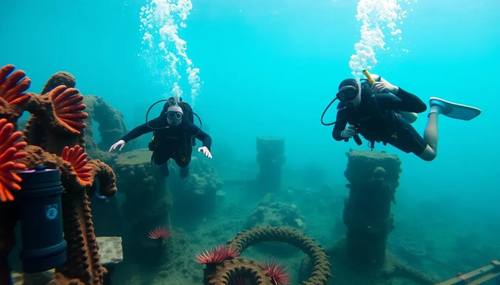 Generate an image of scuba divers exploring the Underwater Maritime Heritage Trail in Emerald Bay State Park, Lake Tahoe.
