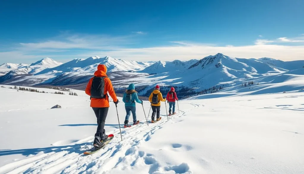 Generate an image of snowshoeing in Lassen Volcanic National Park